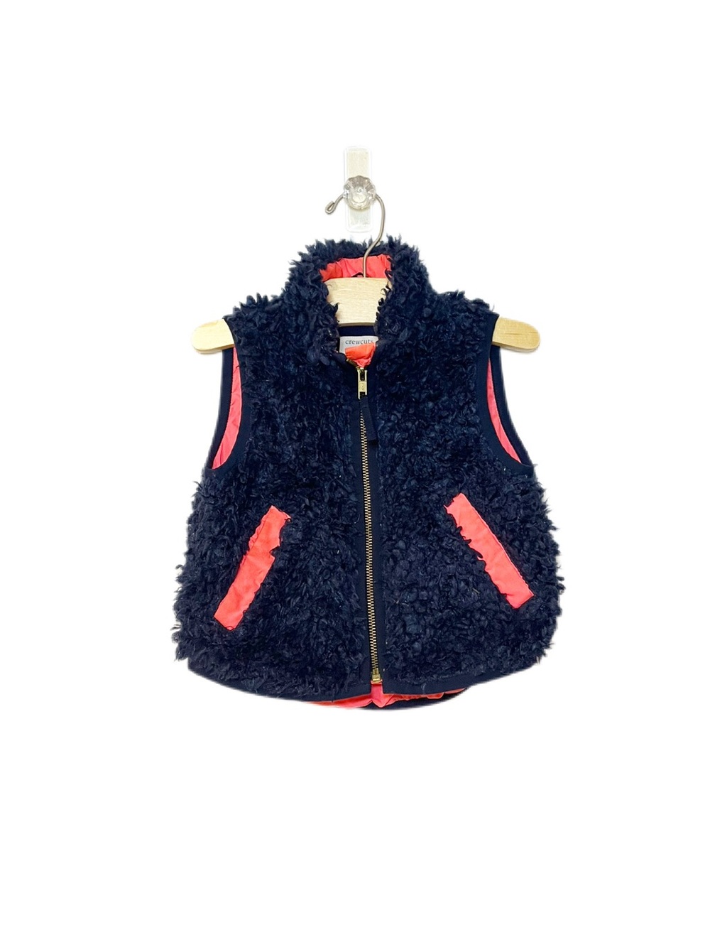 Crewcuts Size 2 Girls Navy Furry Vest with Neon Coral Trim
